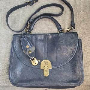 Il Bisonte Classic Navy Leather Satchel with Gold Hardware